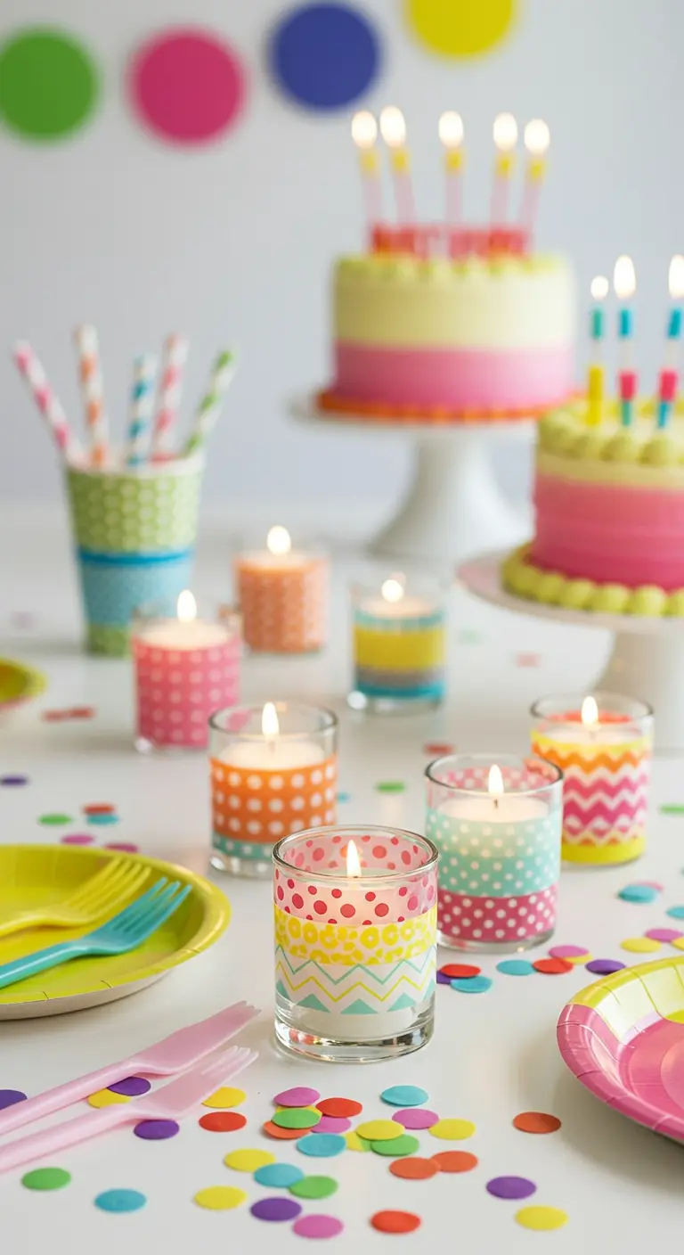 Glass votives decorated with colorful, patterned washi tape on a party table with confetti.