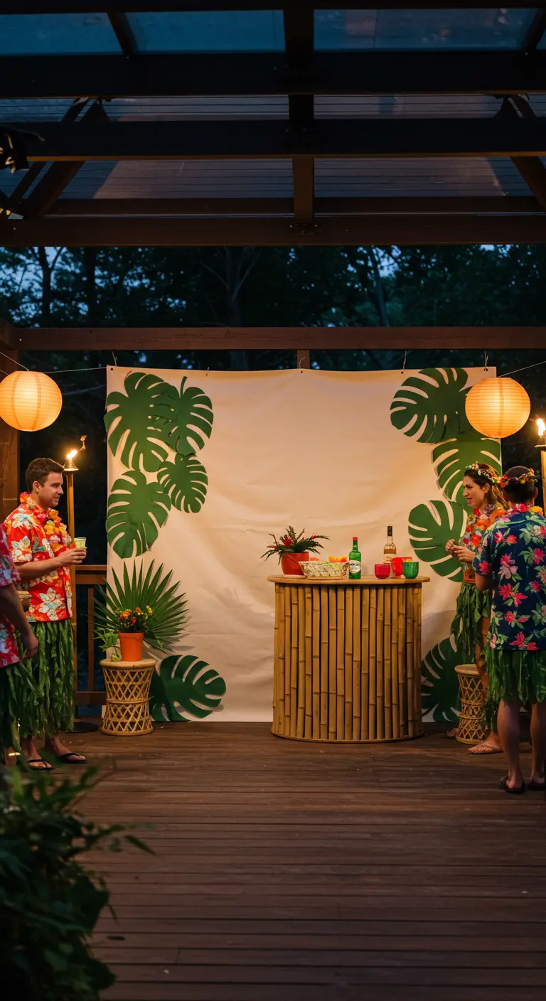 A white fabric backdrop with stenciled green monstera leaves