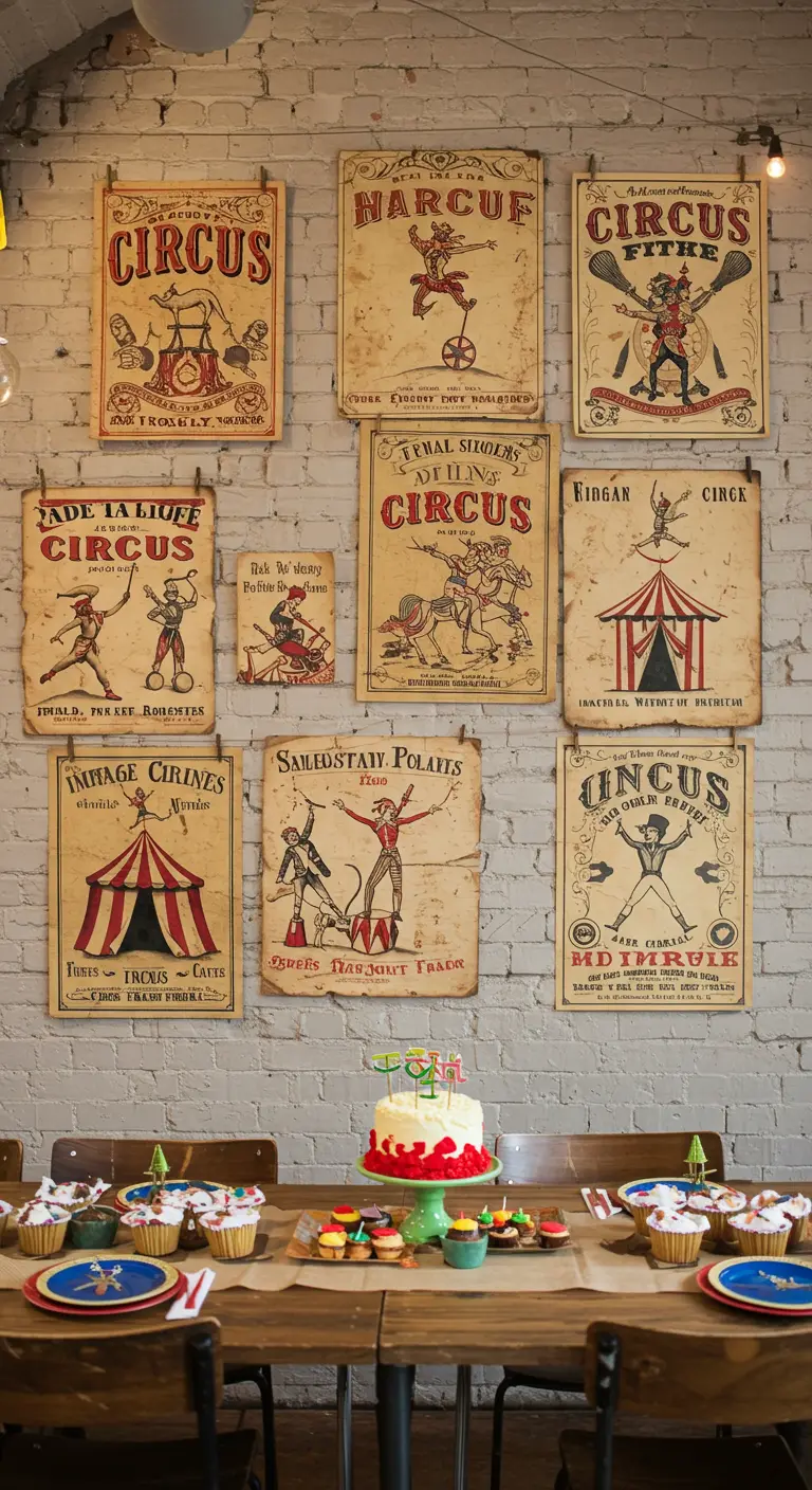 A gallery wall of assorted vintage-style circus posters above a party table.