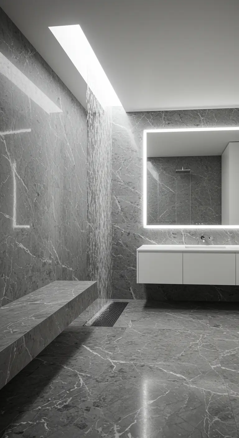 Grey marble walk-in shower with a long bench and an overhead rainfall shower panel.