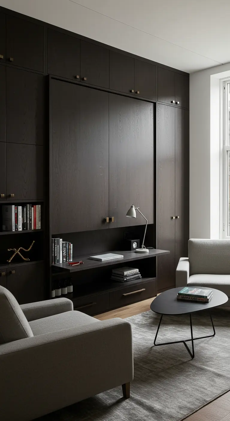A dark wood wall unit with a fold-down Murphy-style desk creating a home office workspace.