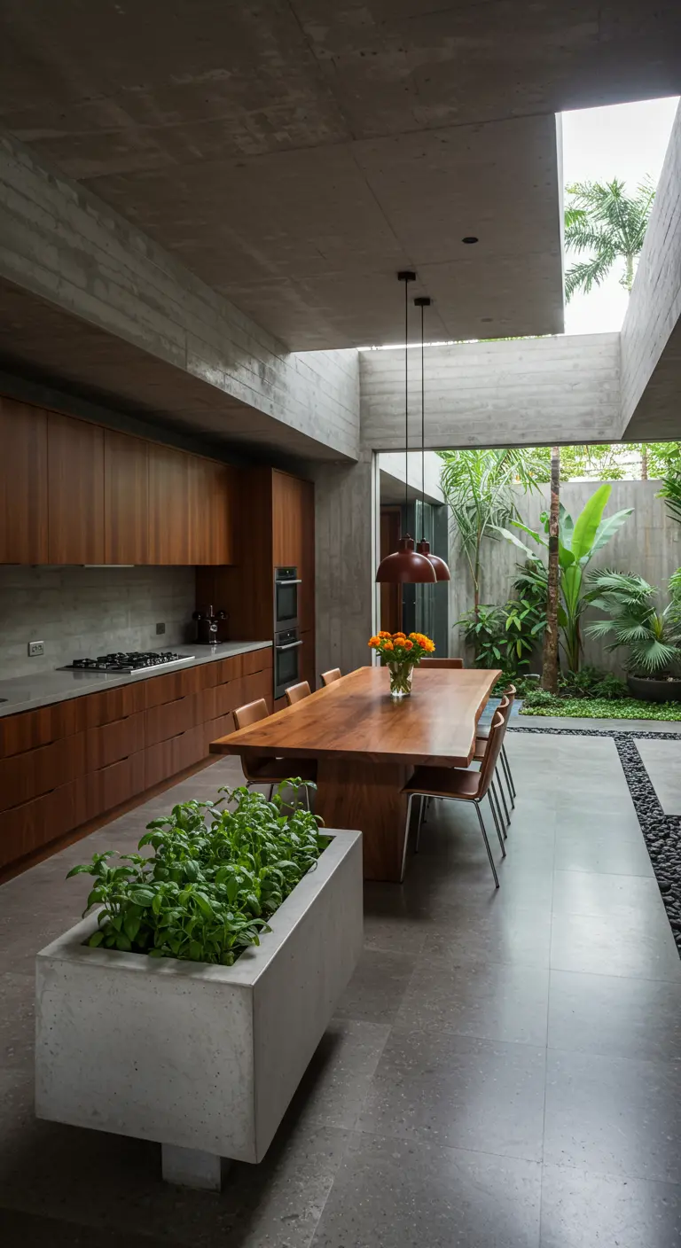 Modern kitchen with wood cabinets and a concrete planter box filled with fresh herbs.