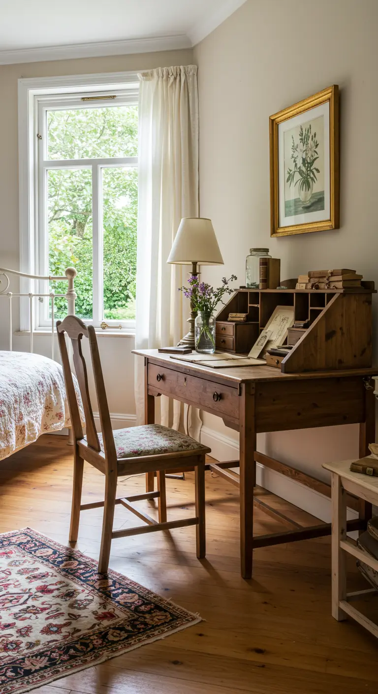 A vintage wooden secretary desk set up as a writing area in a sunlit bedroom corner.