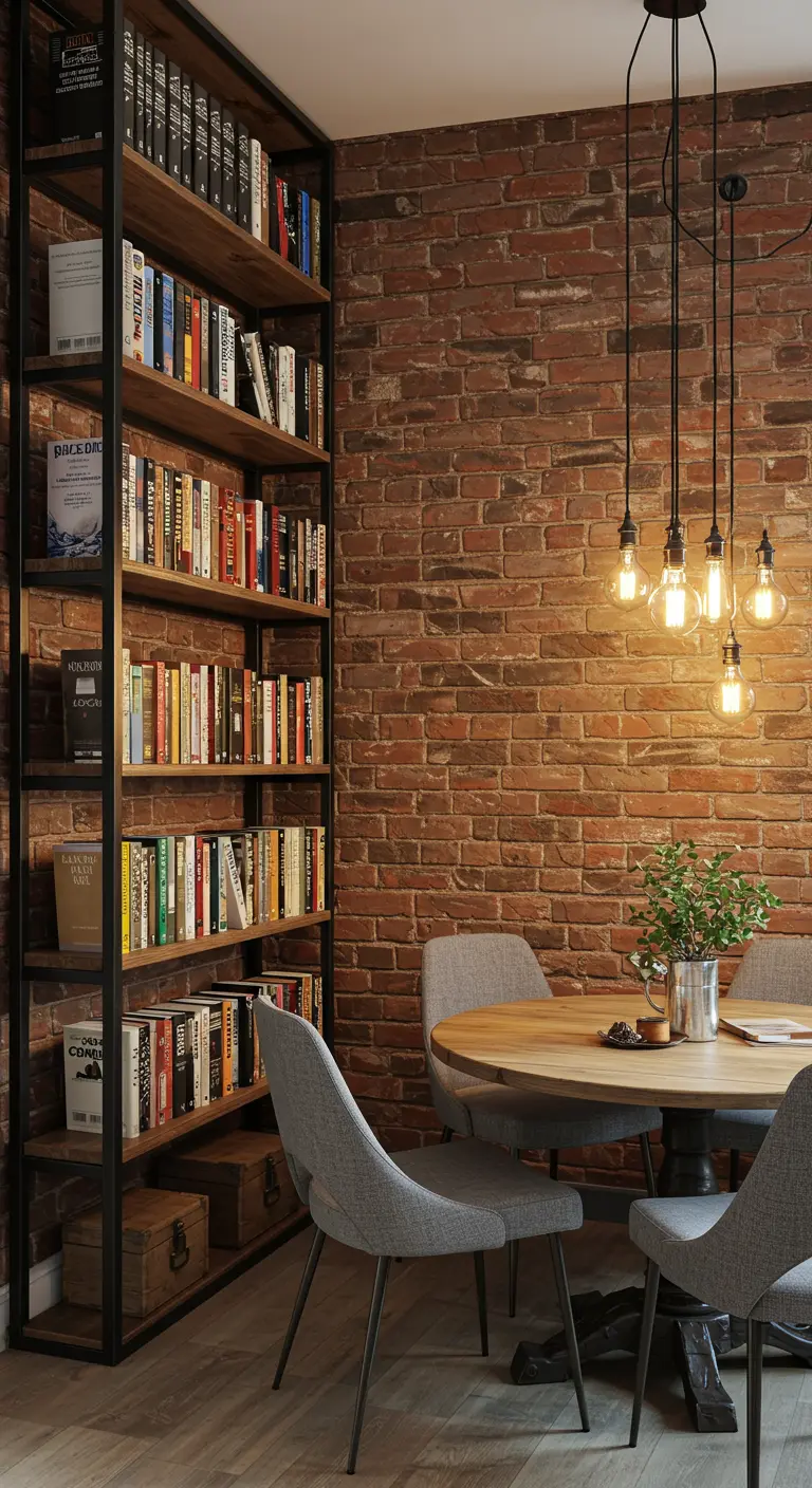 Dining area beside a tall bookshelf against a brick wall, with a cluster pendant light.