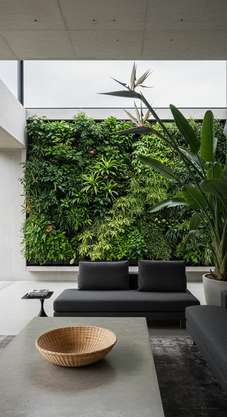 A minimalist living room with a dramatic floor-to-ceiling living green wall behind a dark sofa.
