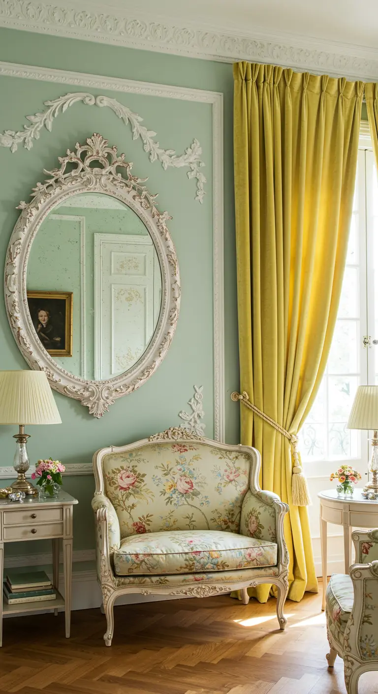 An oval ornate mirror with a distressed white frame on a light green wall above a floral settee.