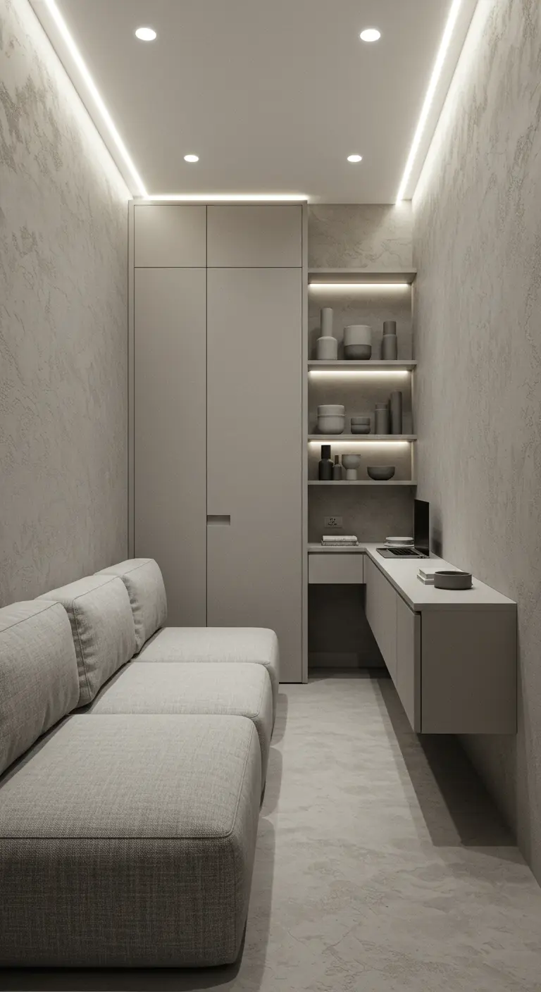 Narrow room with a built-in desk and wardrobe opposite a gray sofa.