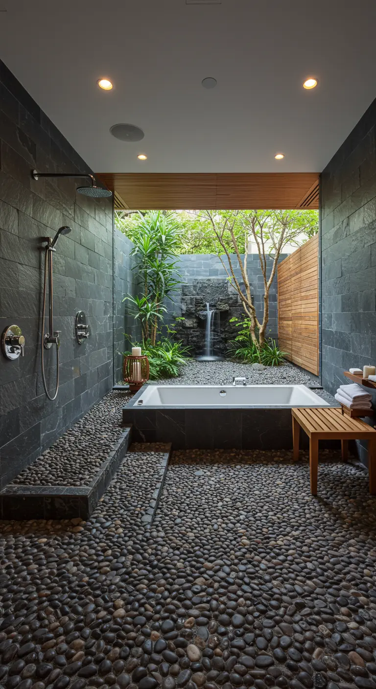 An open-air bathroom with a tub and shower leading to a small garden with a waterfall.