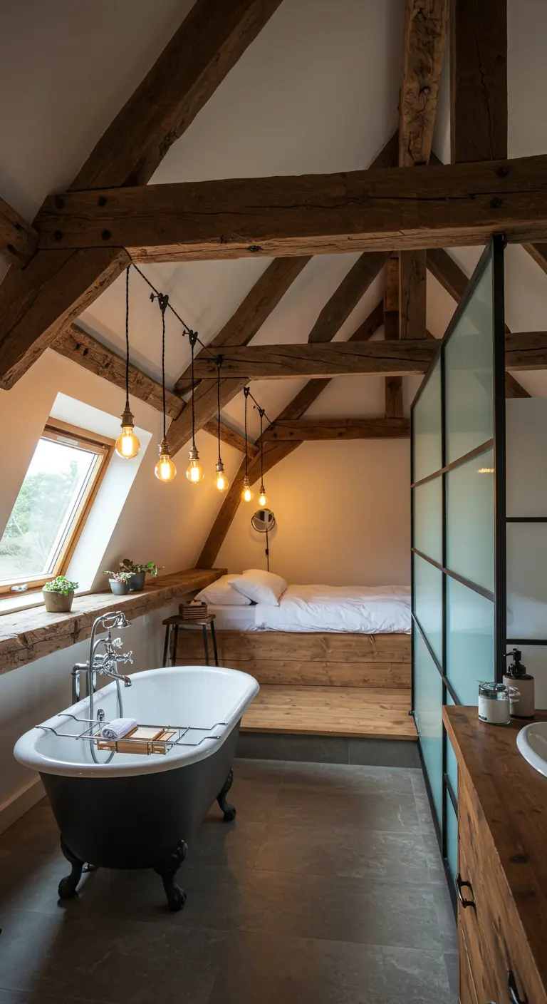 Open-concept bedroom and bathroom with a clawfoot tub and a glass partition wall.