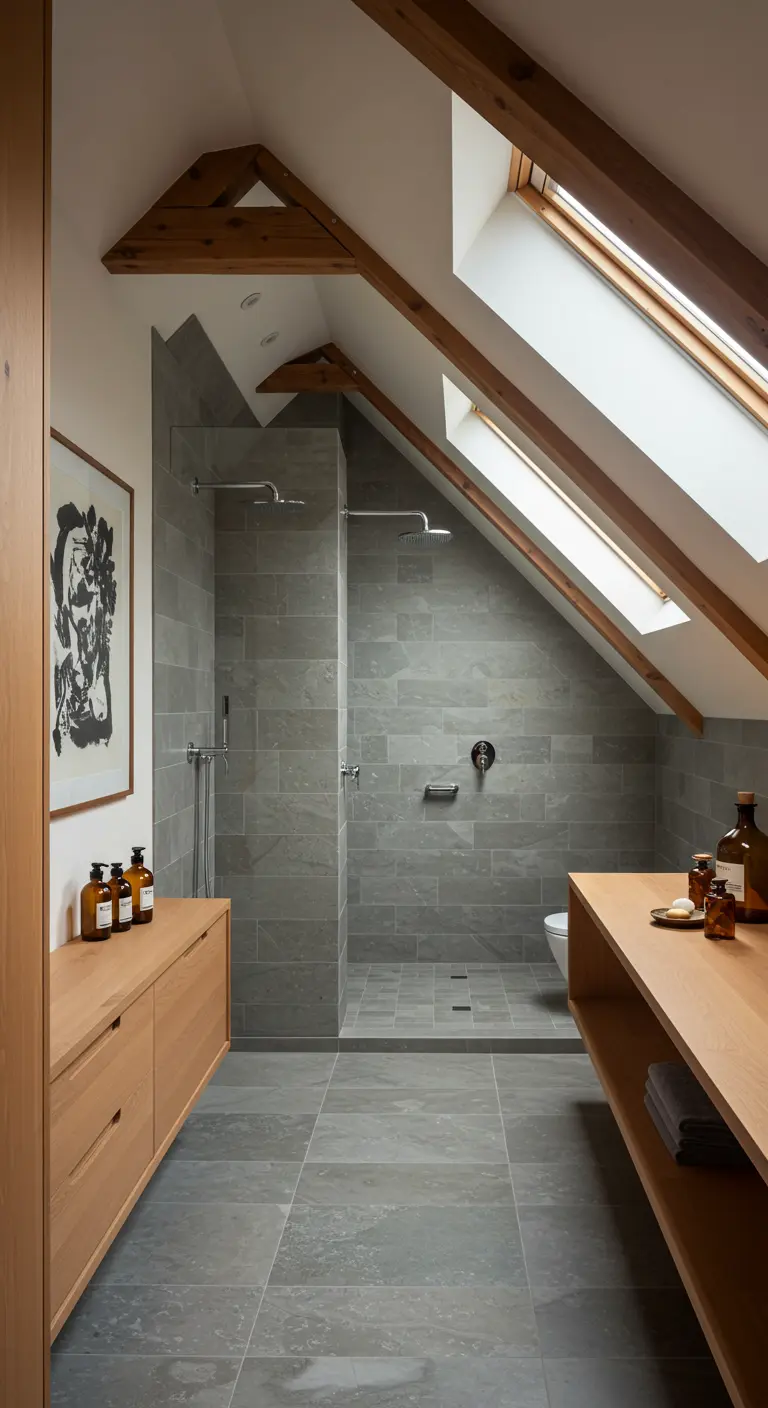 Attic bathroom with a walk-in shower under exposed wood beams and skylights.