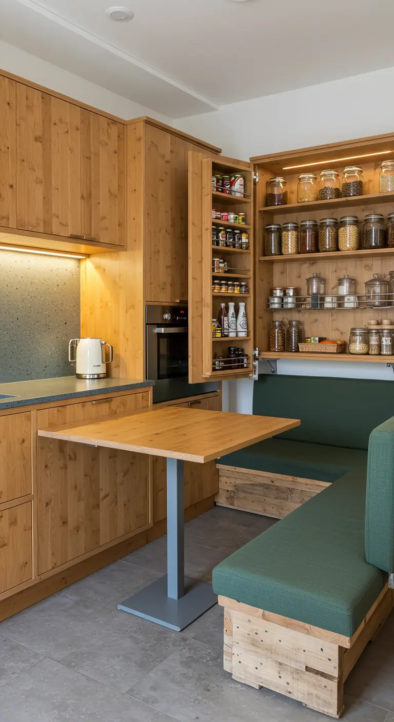 Kitchen with wood cabinets, a pull-out pantry, and a built-in green banquette seating nook.