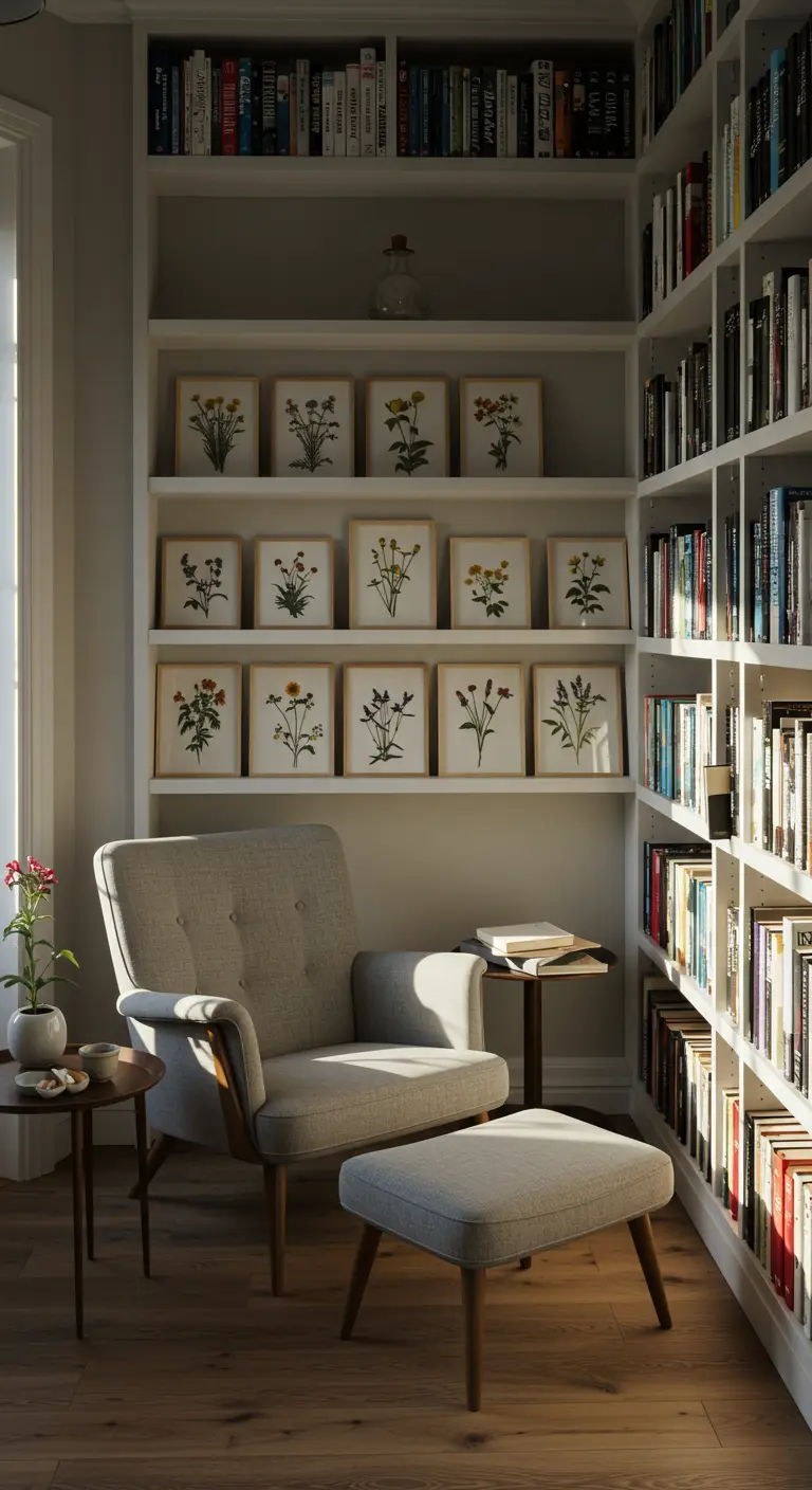 A reading nook with a gray armchair is surrounded by bookshelves styled with books and botanical prints.