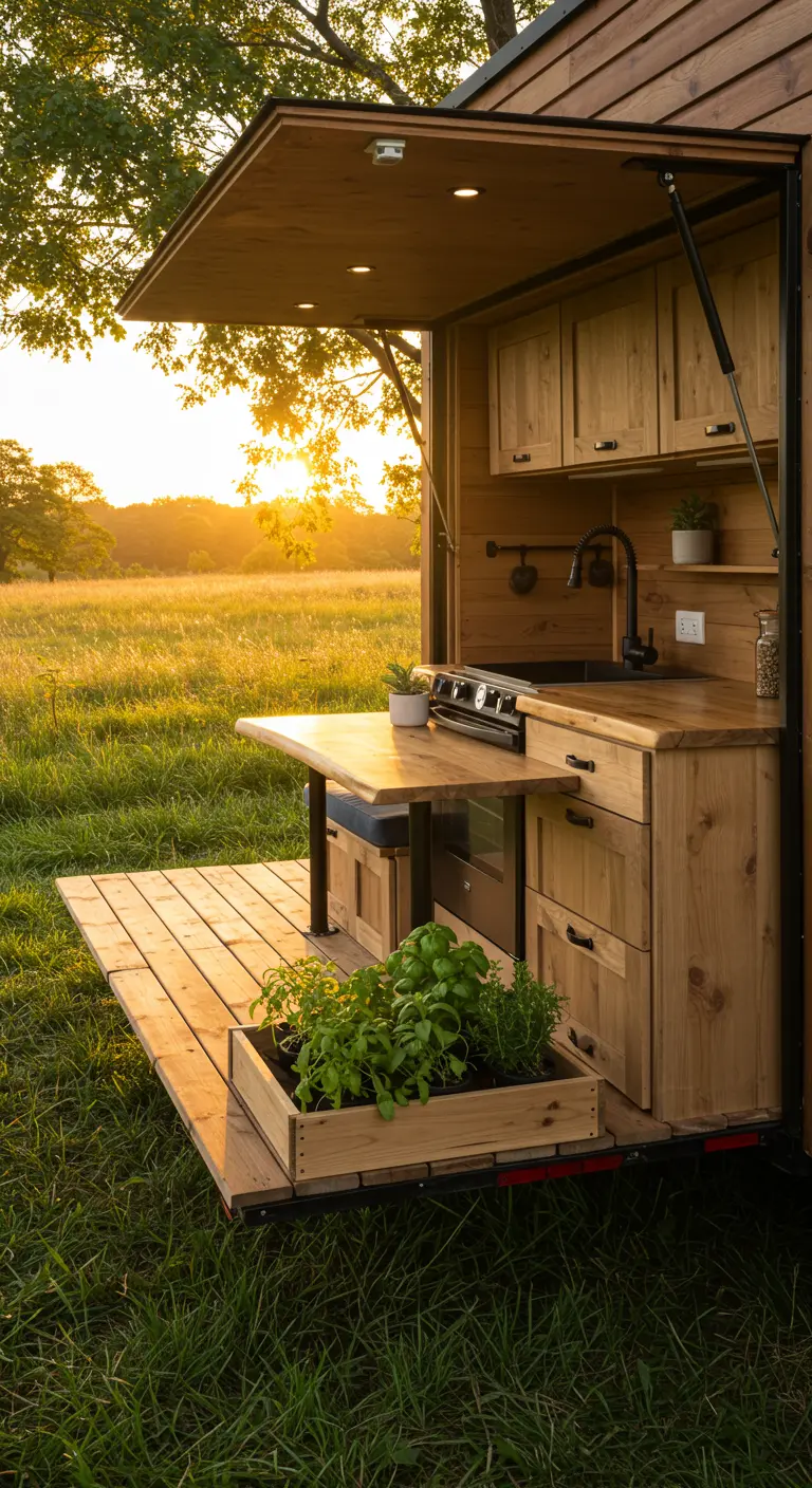 Tiny home with an outdoor kitchen on a deck, featuring a slide-out herb planter.