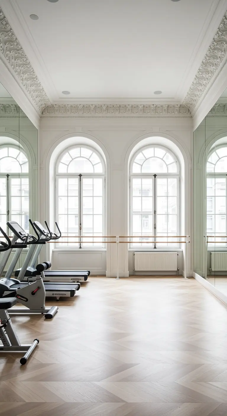 Elegant home gym with arched windows, herringbone floors, mirrored walls, and a ballet barre.