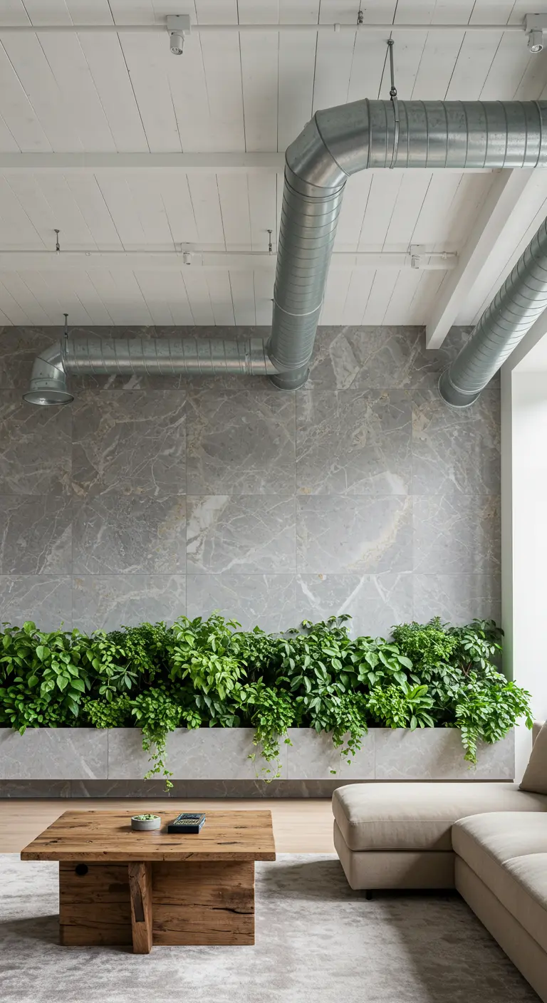 Gray marble accent wall with a built-in planter filled with lush green plants at its base.