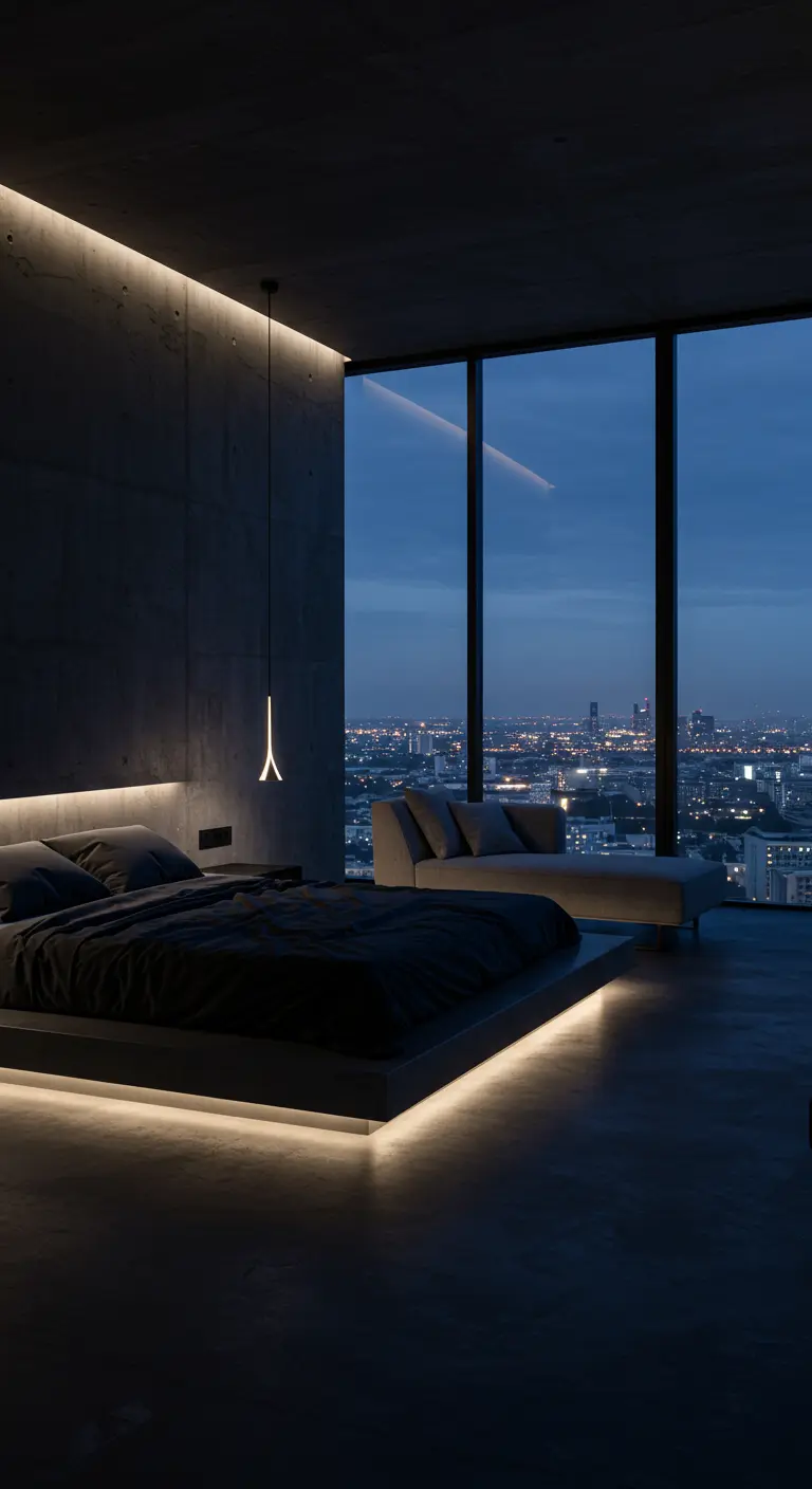 A dark minimalist bedroom with a floating bed illuminated by hidden LED strip lighting.