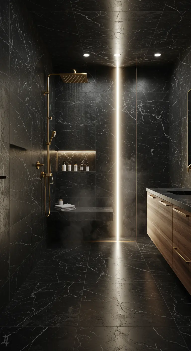 Black marble walk-in shower with a vertical LED light strip and a built-in niche.