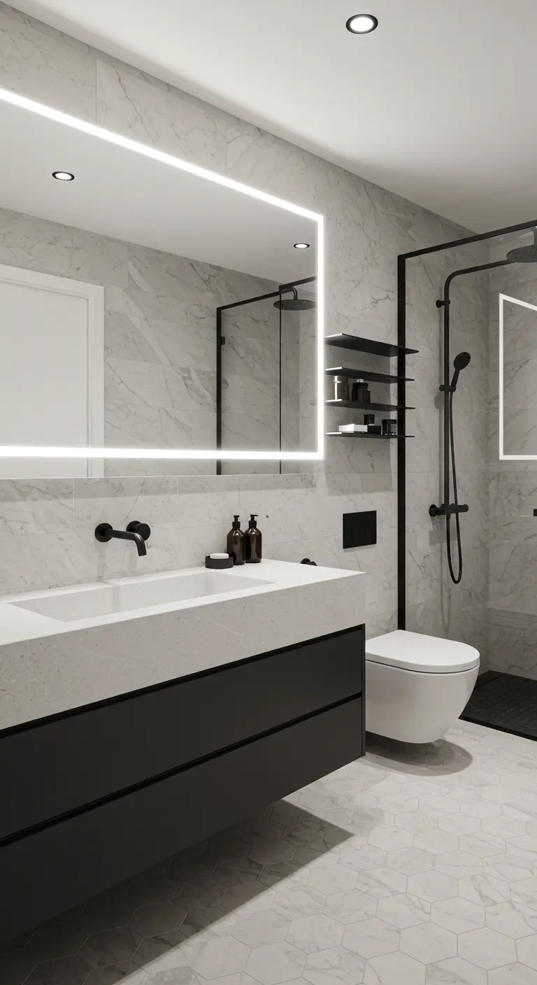 A modern bathroom with a large mirror with integrated lighting and a black floating vanity.