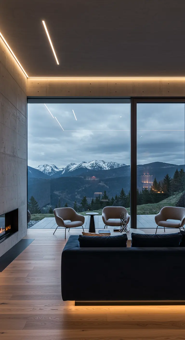 Modern living room with integrated linear lighting, a fireplace, and a view of snowy mountains.