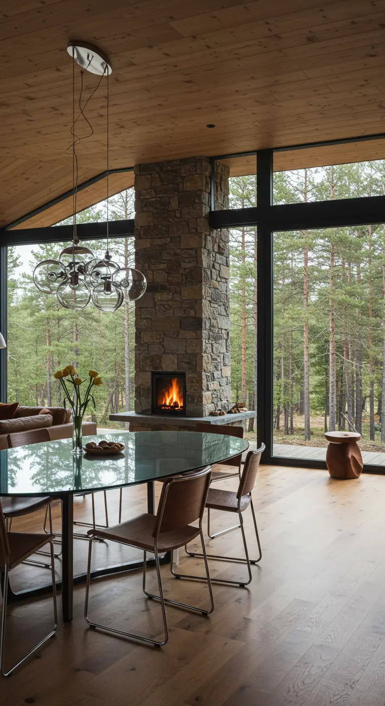 Glass dining table and leather chairs in a modern cabin with a stone fireplace.