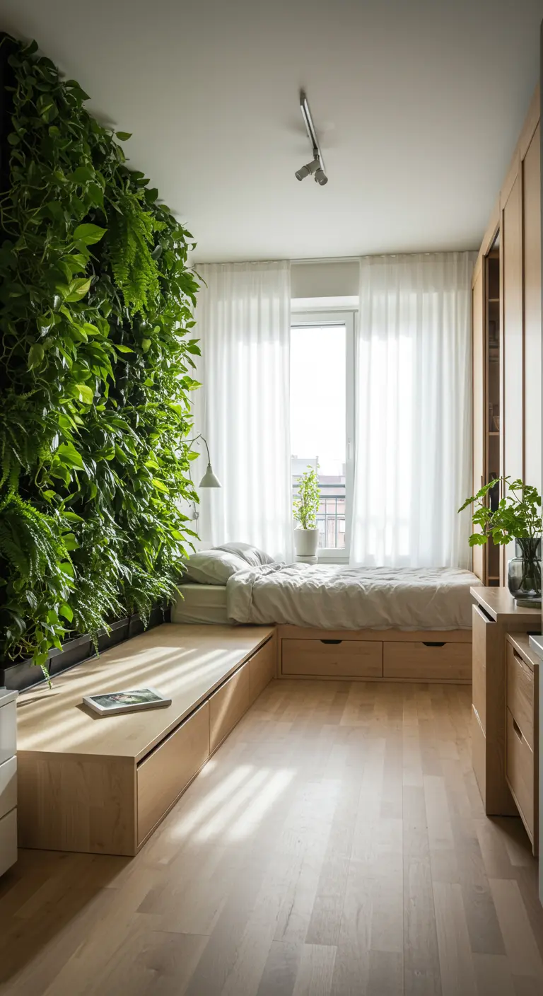 Bedroom with a full-height living plant wall next to a light wood platform bed.