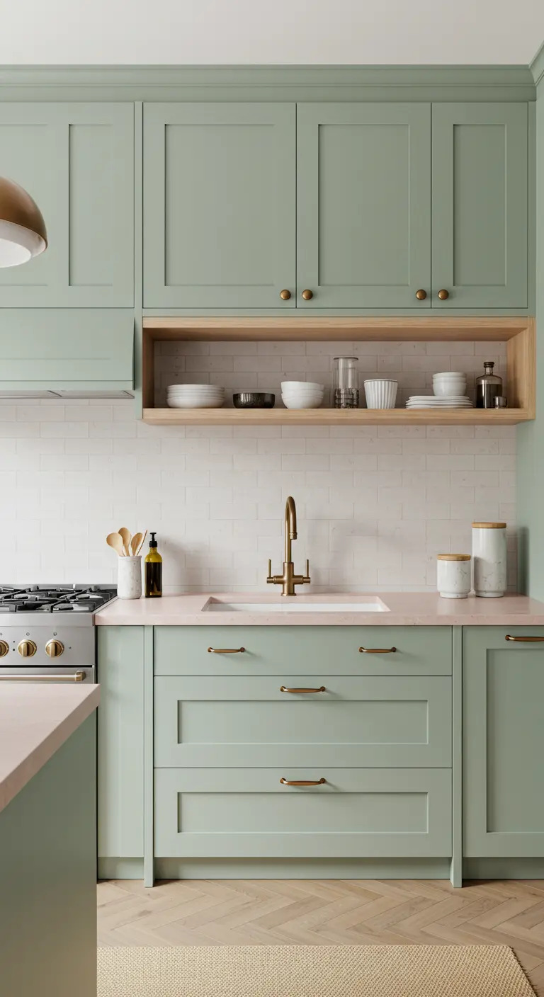 Mint kitchen with an integrated natural wood open shelving unit displaying white ceramics.