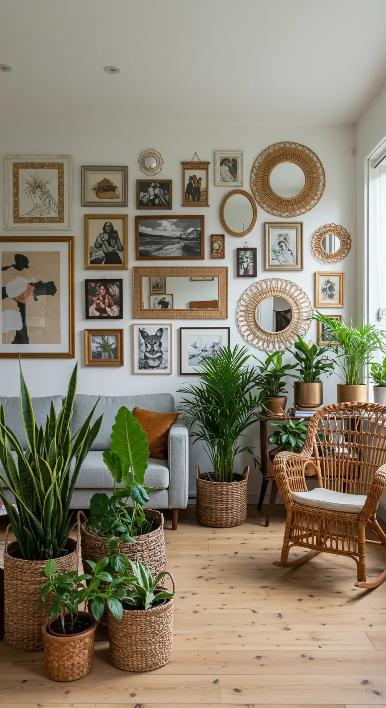 An eclectic gallery wall with wicker mirrors and several large floor plants arranged in front.