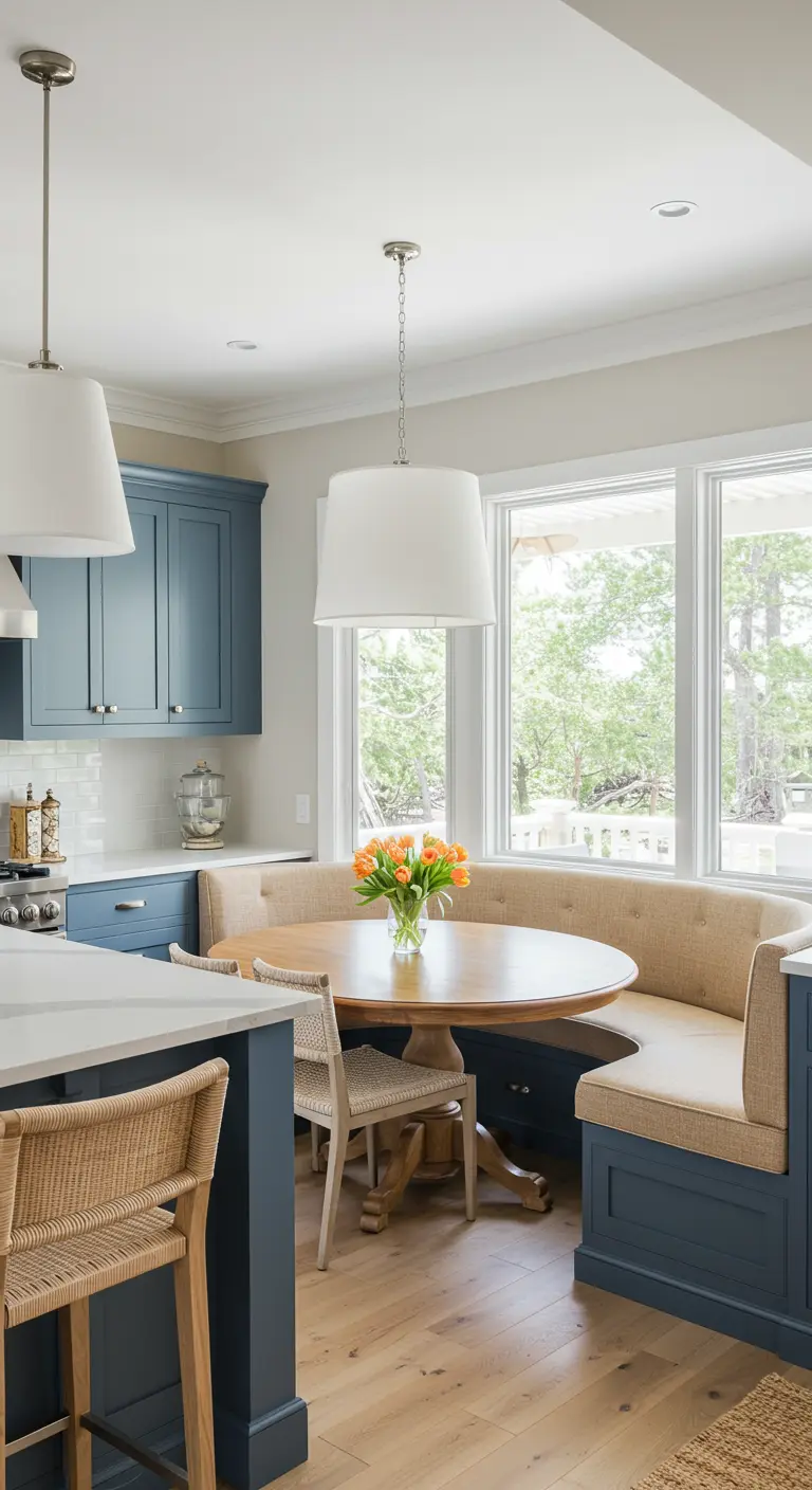 Navy kitchen island with an attached upholstered banquette and round dining table.