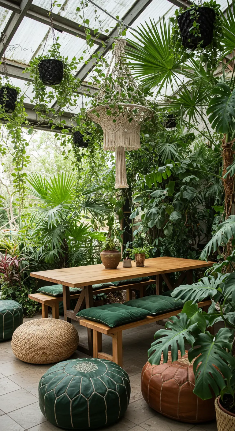 Lush, plant-filled greenhouse with a wood table, bench seating, and green and brown poufs.