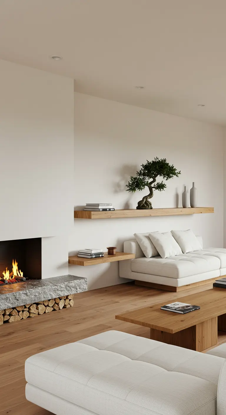 A modern fireplace with floating wood shelves displaying a bonsai tree, books, and vases.