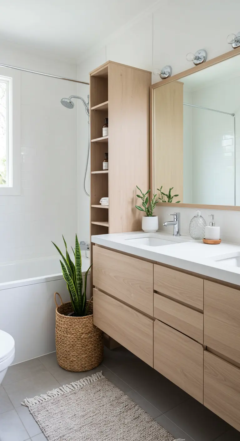 Bathroom with a light wood vanity and an attached open-shelving tower.