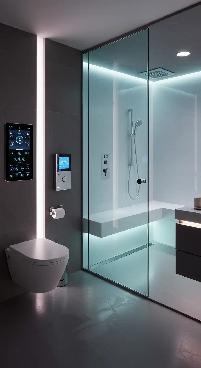 Modern bathroom with a smart home control panel and illuminated shower bench.
