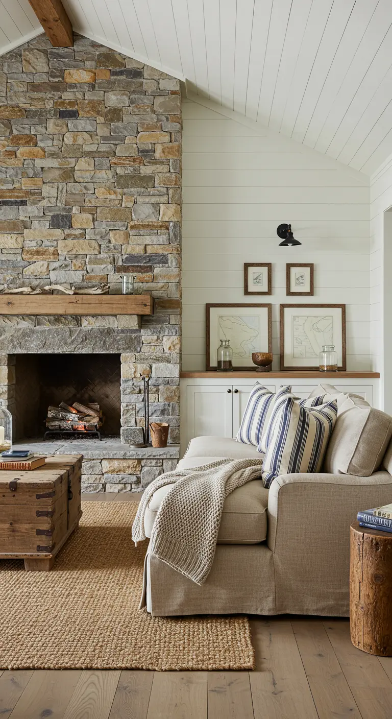A floor-to-ceiling stone fireplace next to a beige sofa with blue and white striped pillows.