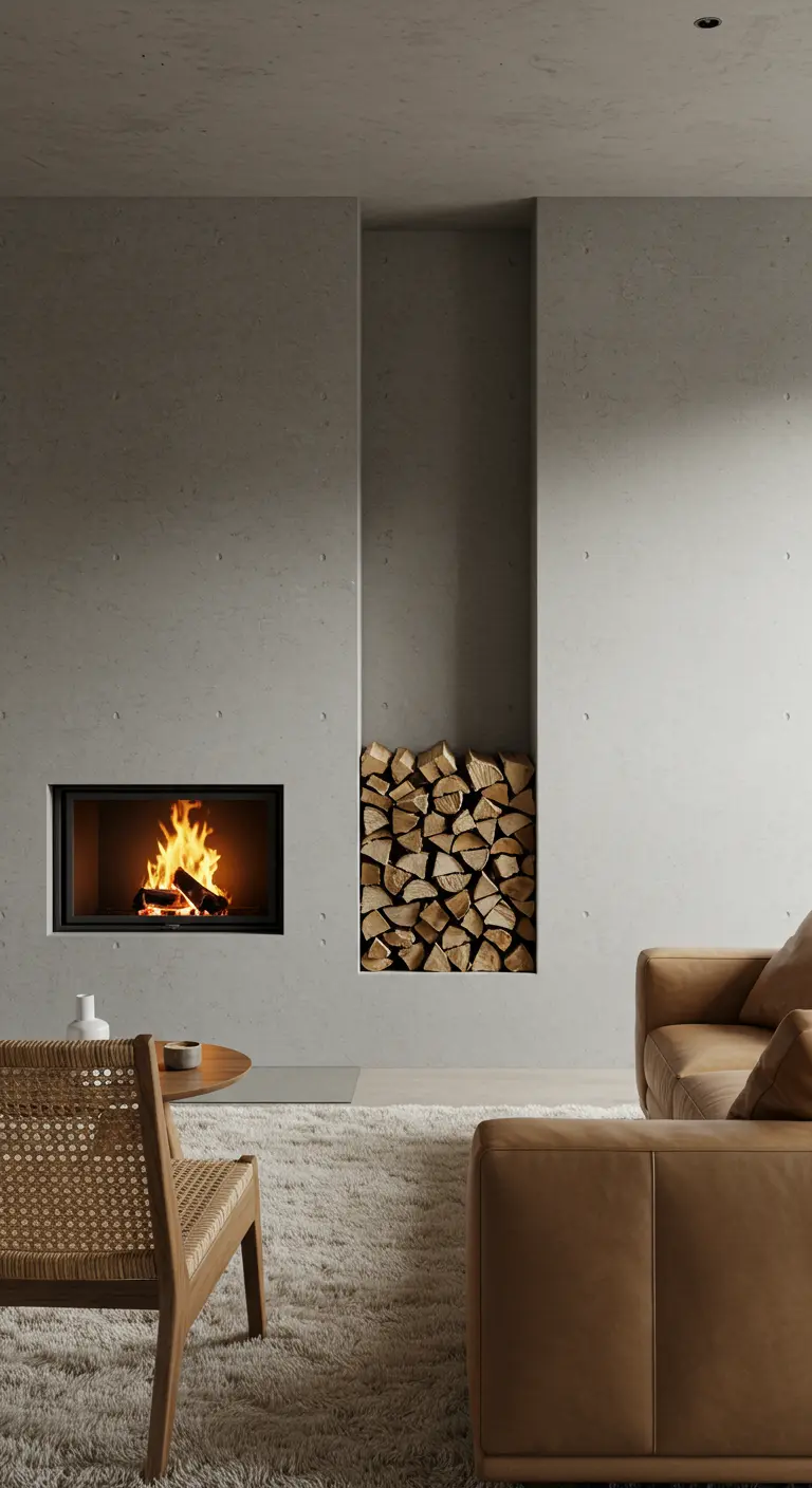 Modern concrete fireplace with a tall, recessed niche for firewood storage.