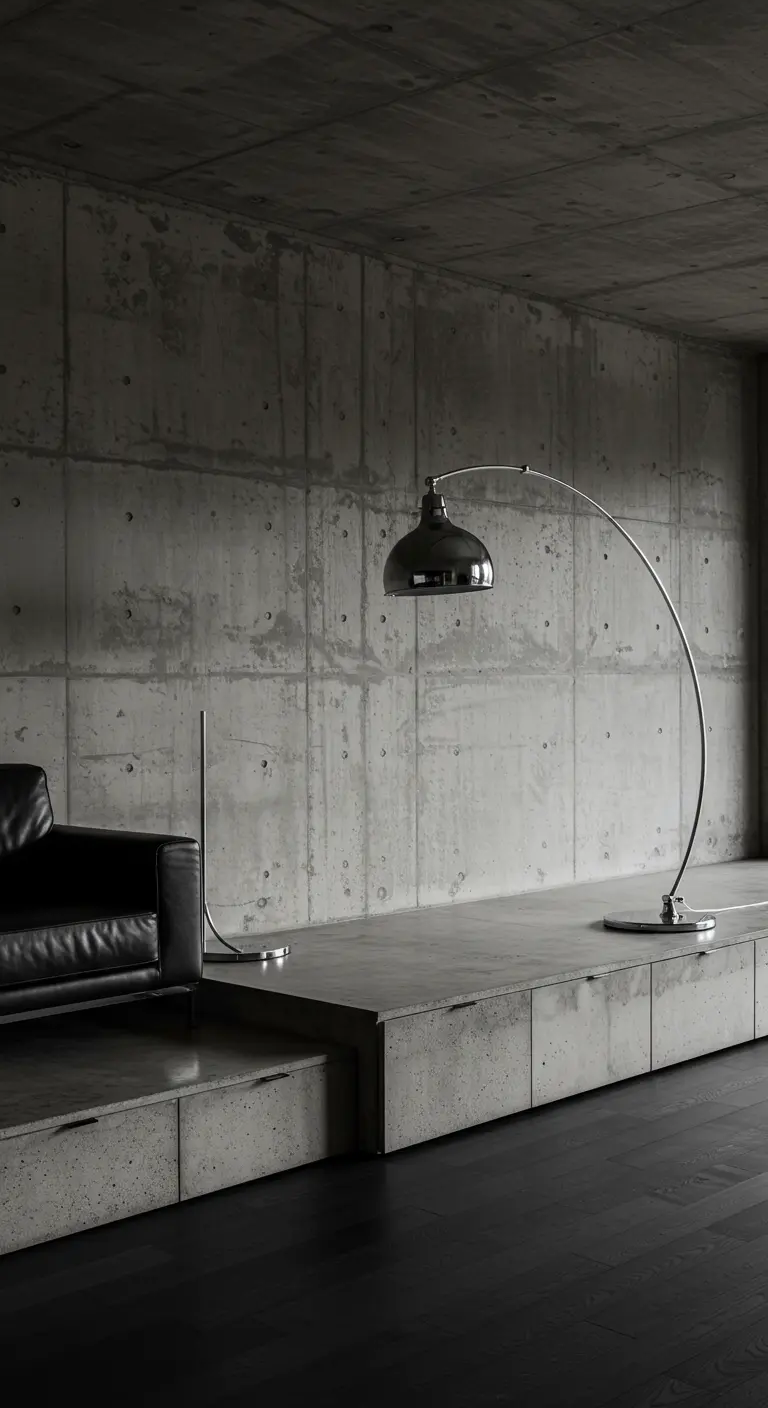 A moody room with a concrete platform sofa base containing hidden drawers for storage.