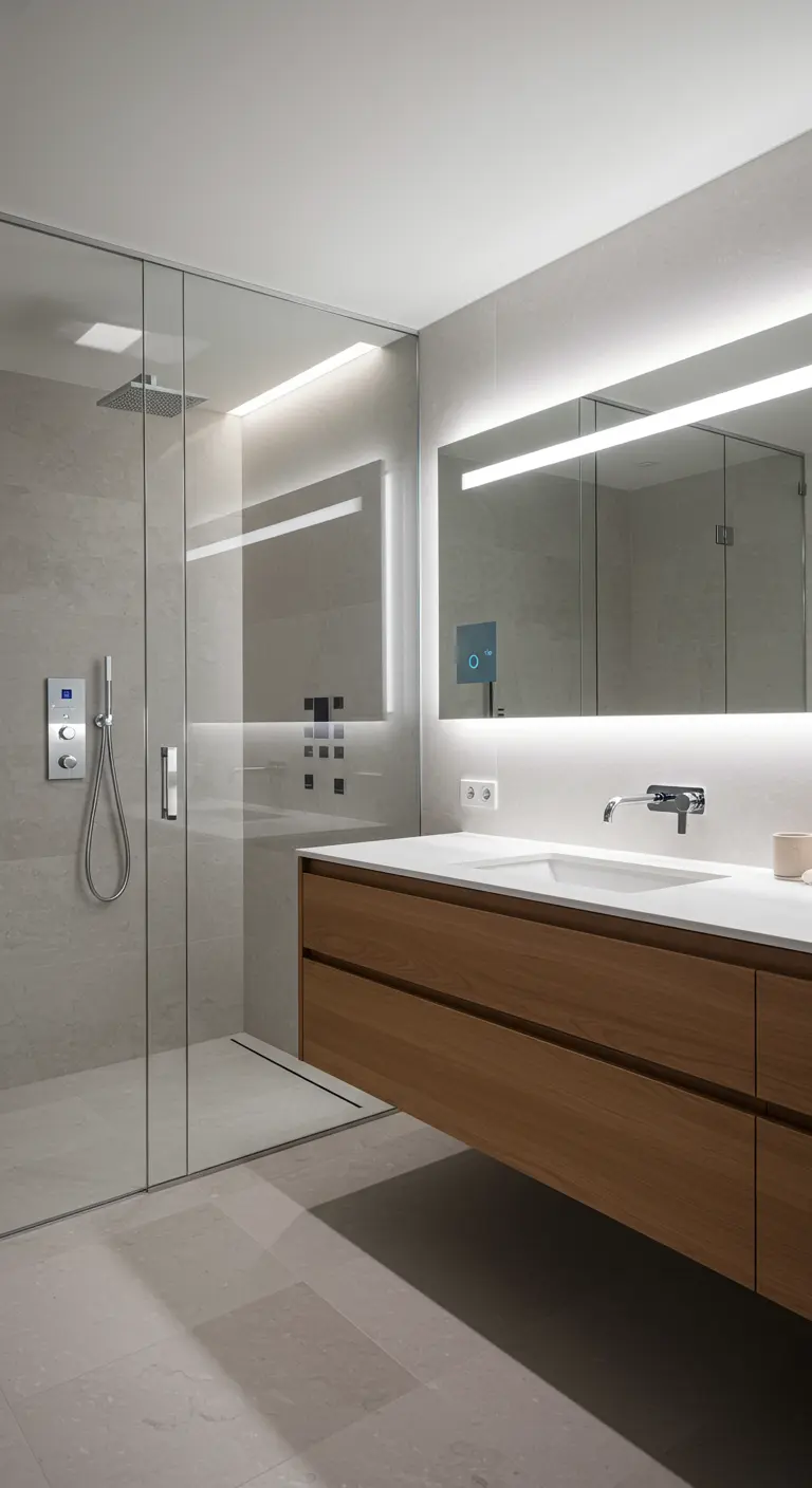Modern bathroom with integrated LED mirror lighting and a digital shower panel.
