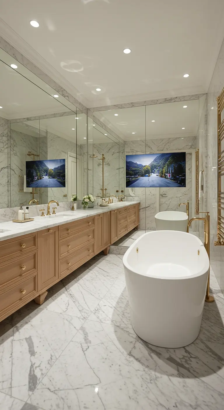 Marble bathroom with a television integrated into the large vanity mirror.