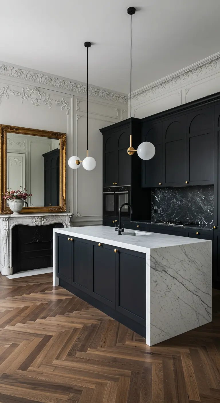 Modern black kitchen island in a formal room with ornate mouldings and a gilded mirror.