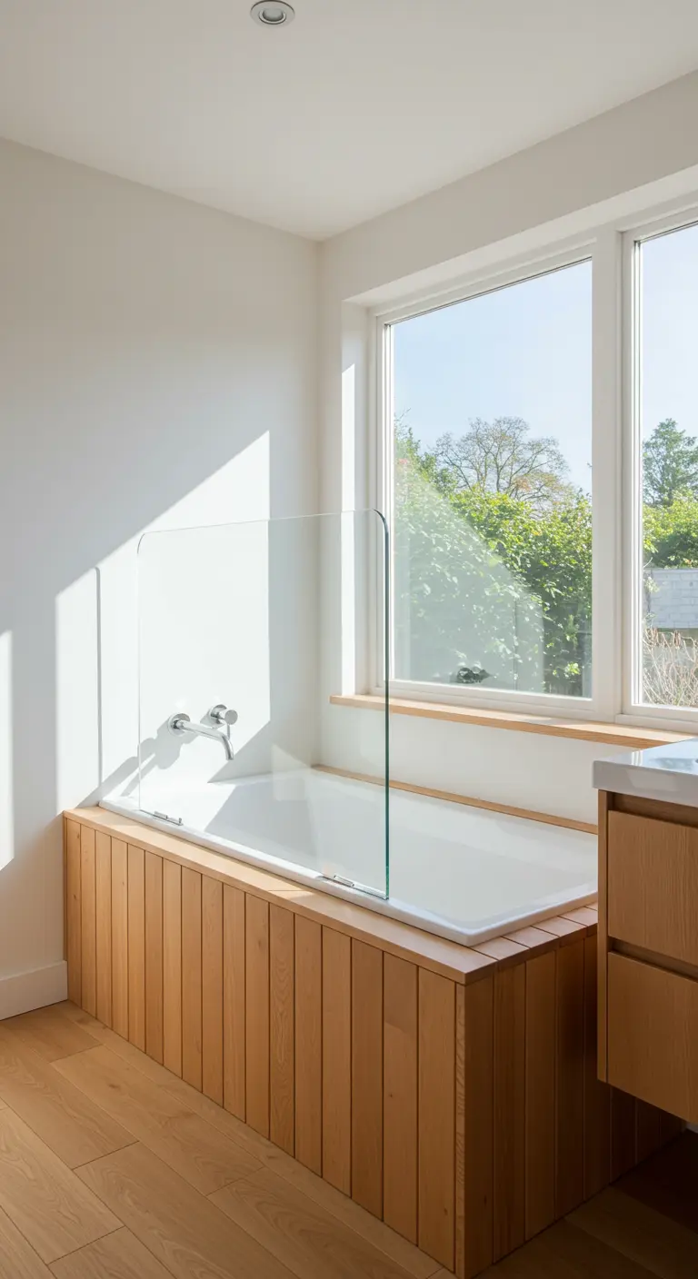 Bathtub with a light wood panel surround and a glass splash guard.