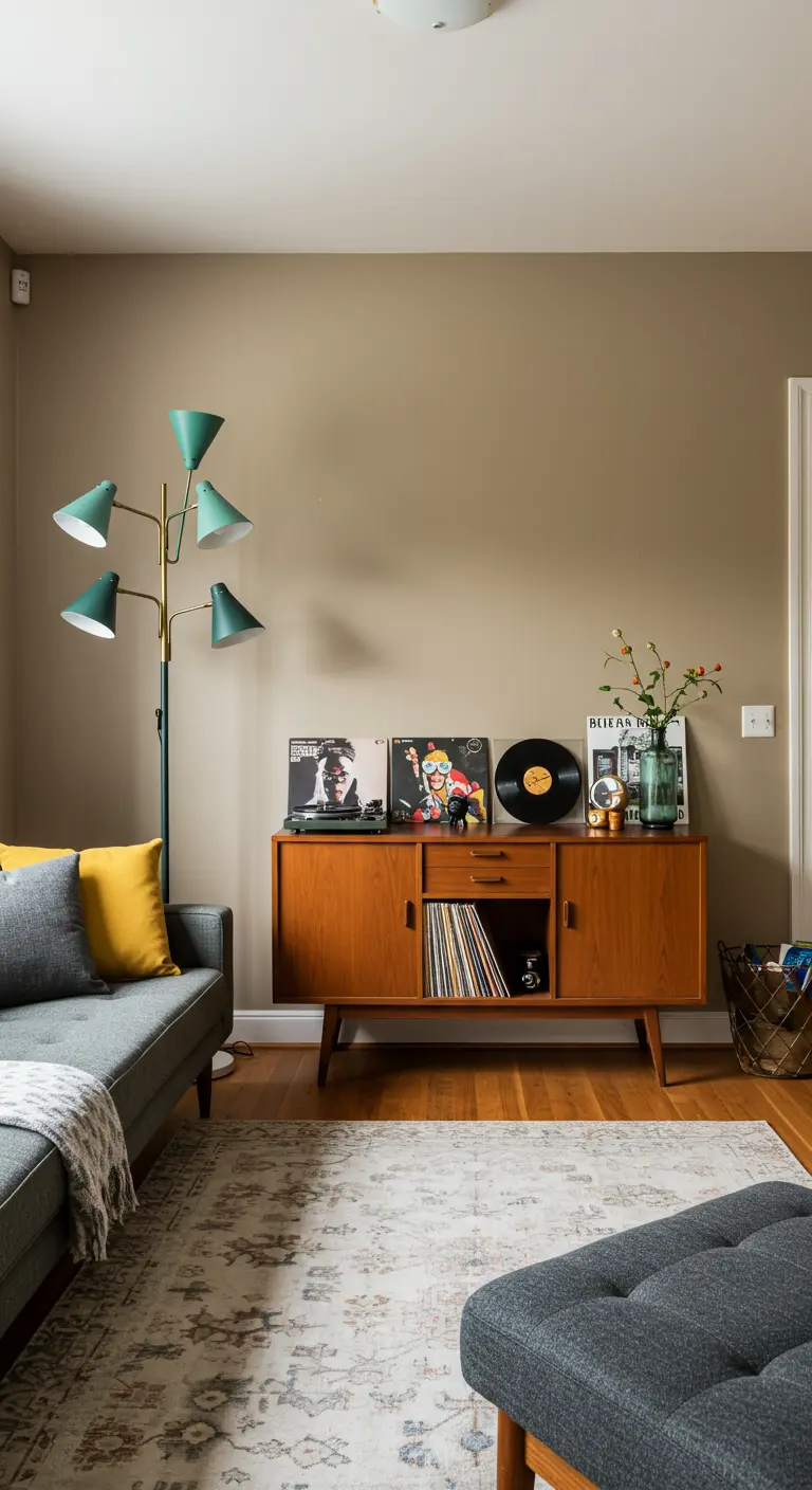Living room corner with a walnut record player console and a teal multi-head floor lamp.