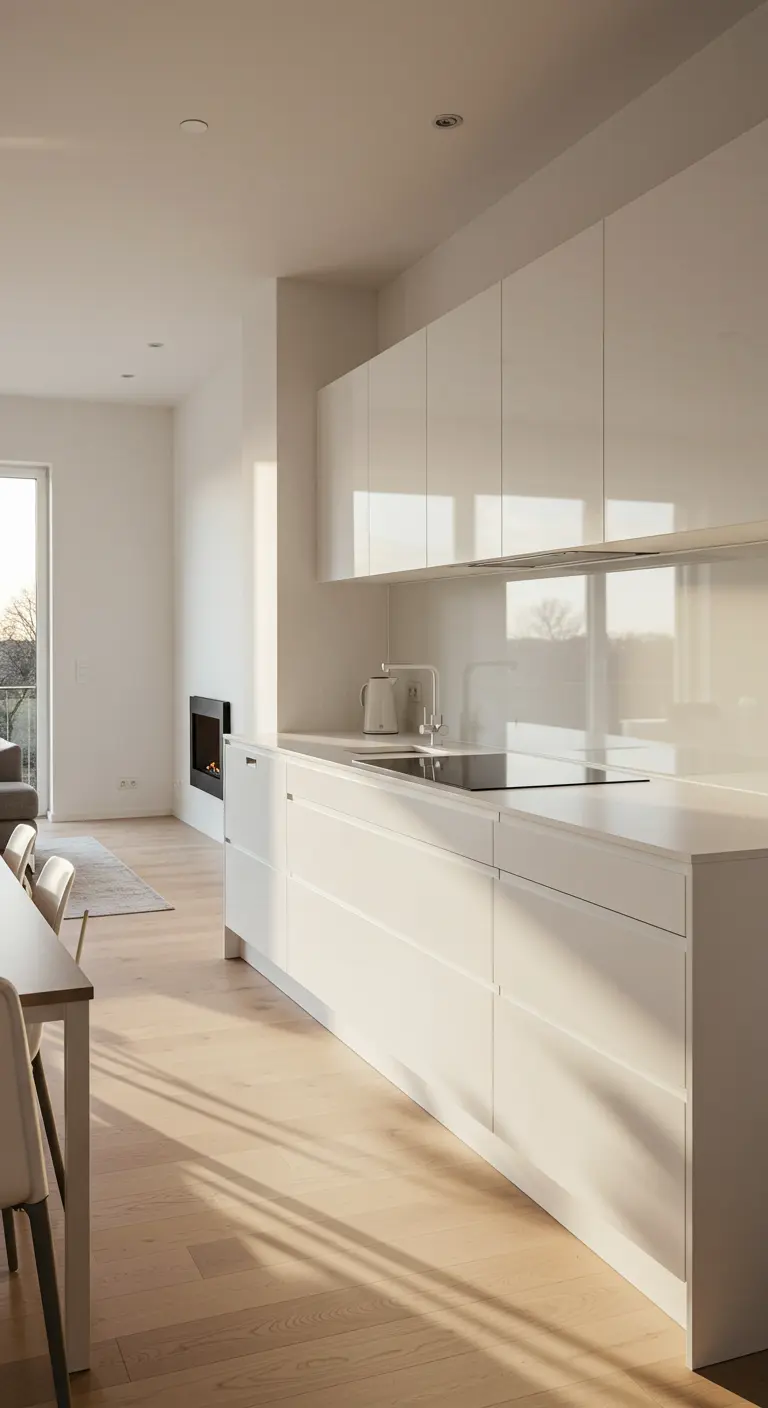Minimalist white kitchen flowing into a living area with a fireplace and wood floors.