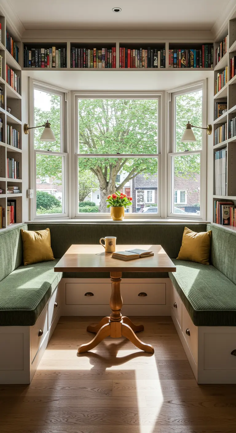 A breakfast nook built into a library wall, with green corduroy seating and bookshelves.