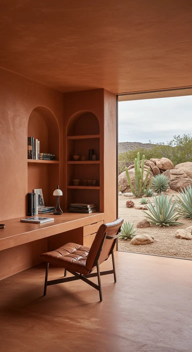A home office with built-in terracotta plaster desk and shelves overlooking a desert garden.