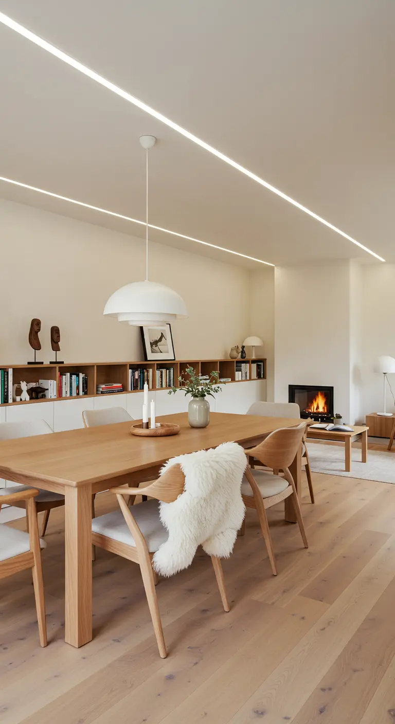 Long oak dining table with light wooden chairs, one with a sheepskin, under a white dome pendant and linear recessed lights.