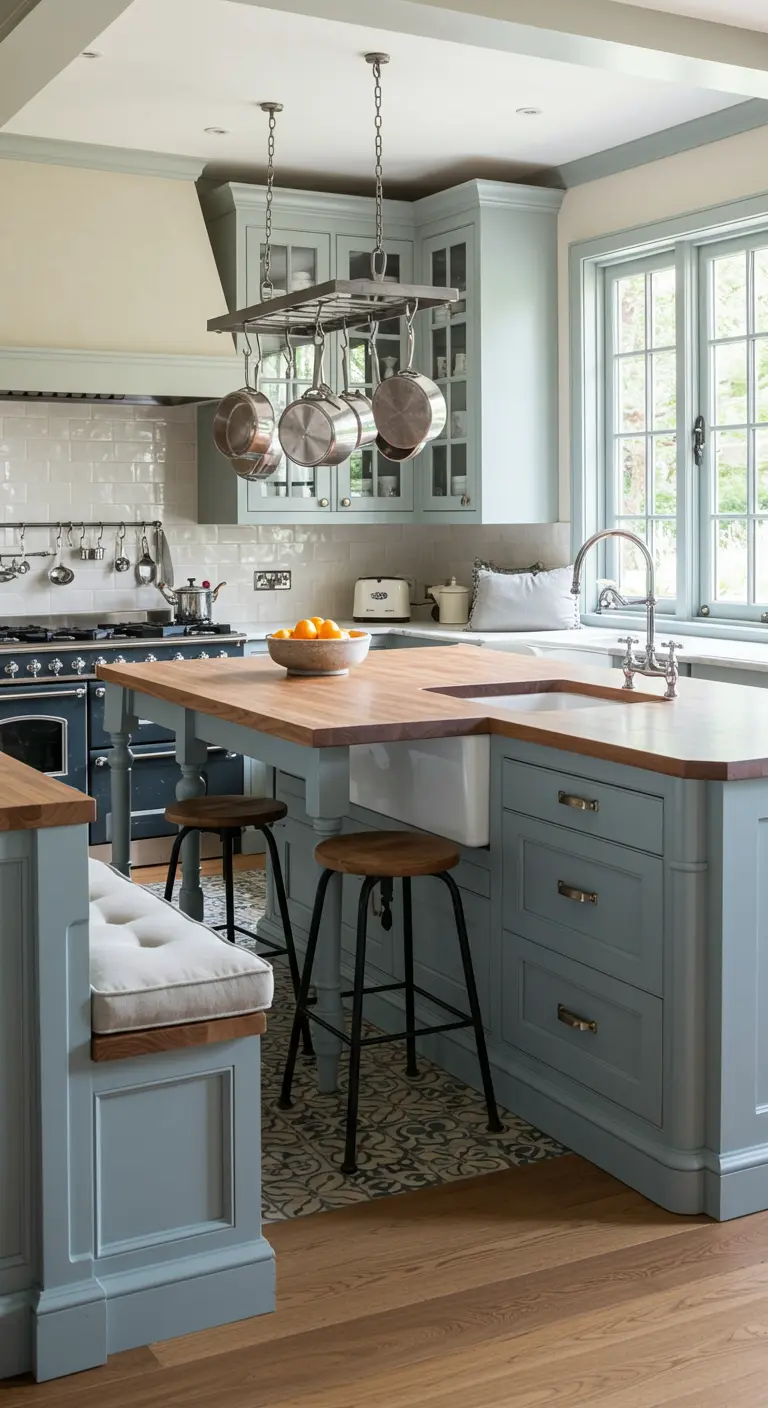 A Country French kitchen with soft blue cabinets, a wooden island with integrated seating, and stools.