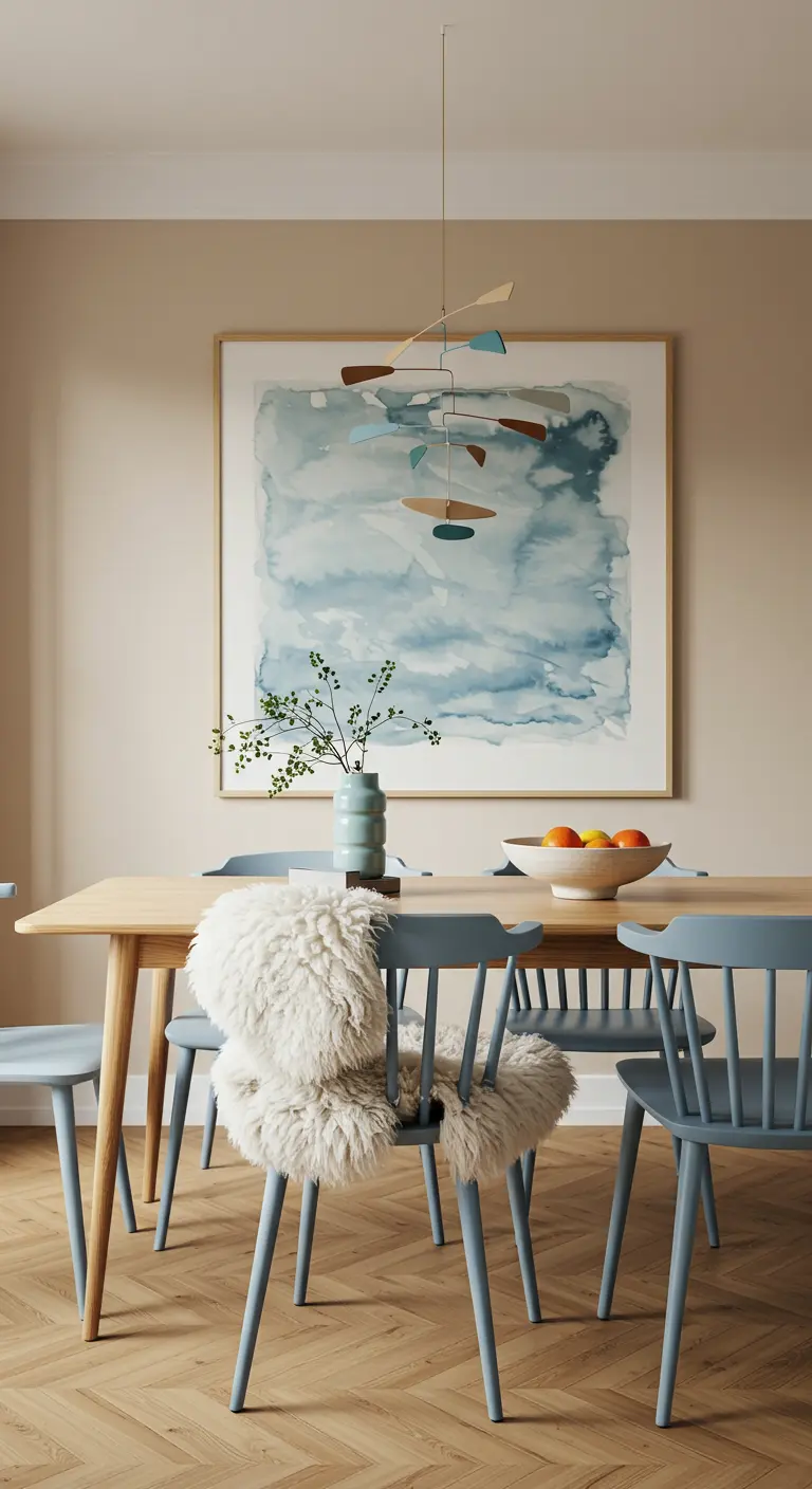 Light oak dining table with light blue chairs, one draped in sheepskin, and a large abstract blue painting on the wall.