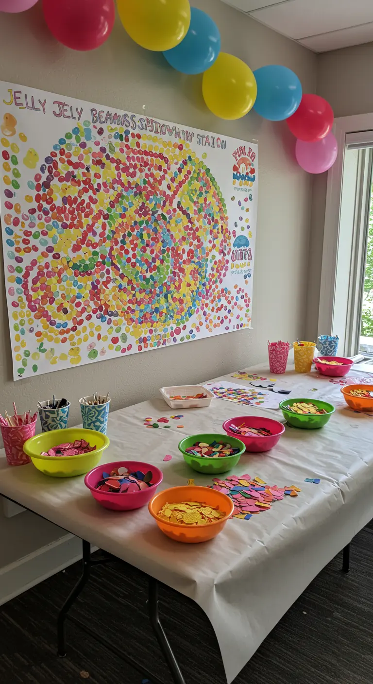 A craft table with bowls of paper cutouts for a jelly bean mosaic activity.