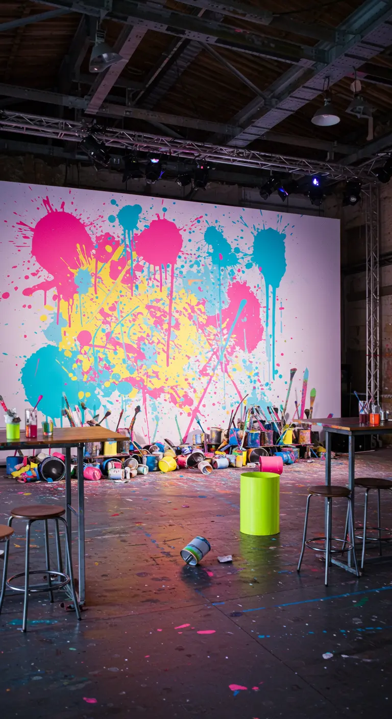 A huge white canvas covered in neon pink, yellow, and blue paint splatters in an industrial space.
