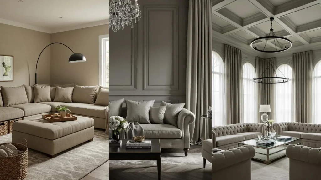 Stylish greige interiors showcasing monochrome furniture and soft lighting.