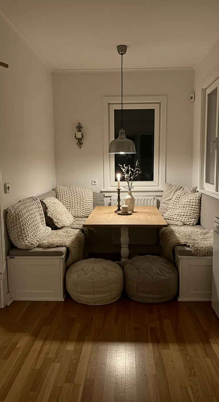 Small, cozy dining nook with U-shaped built-in benches, chunky knit pillows, a wooden table, and round floor poufs.
